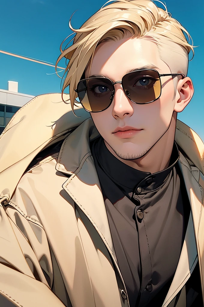 a man with dirty blonde shaved upper cut hair wearing sunglasses head shot