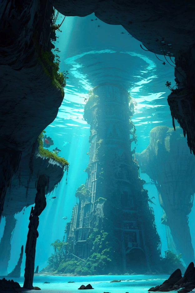 Under the surface of an isolated island in the middle of the ocean, a huge undiscovered underwater ruin is discovered, prehistoric alien underwater base, science fantasy, best picture quality.