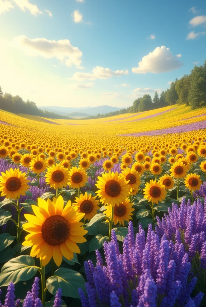 A field of golden and purple flowers 

