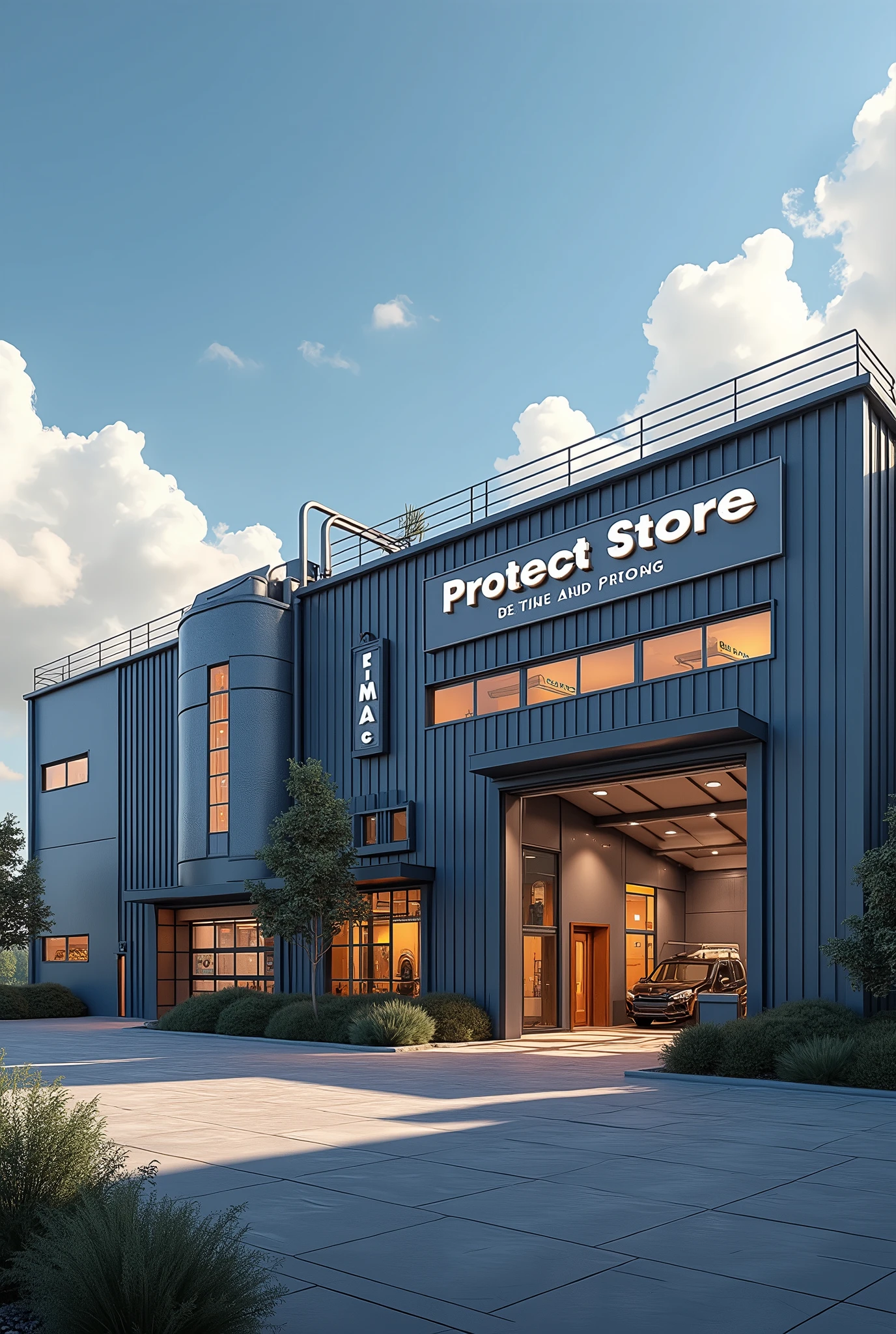 create realistic building image for my name company "Protect & Store" of protection and storage within the mechanical industry, make the image horizontally, I want this image to have signs of a mechanical industry