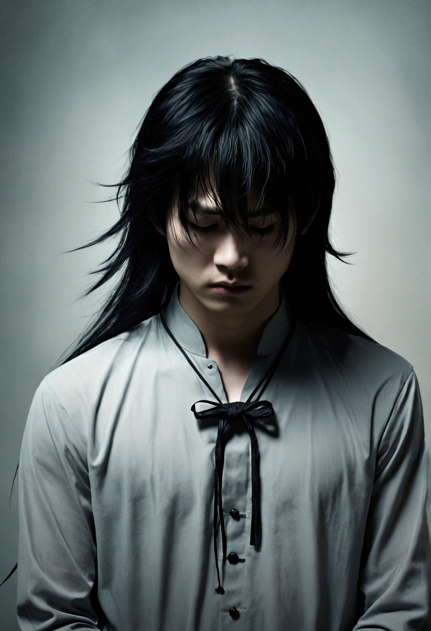 Book cover, dark ambient and scary aura, young Asian guy with pale skin, black very very very long straight hait tied and with bangs, in position of prayer,and black tears, looking down