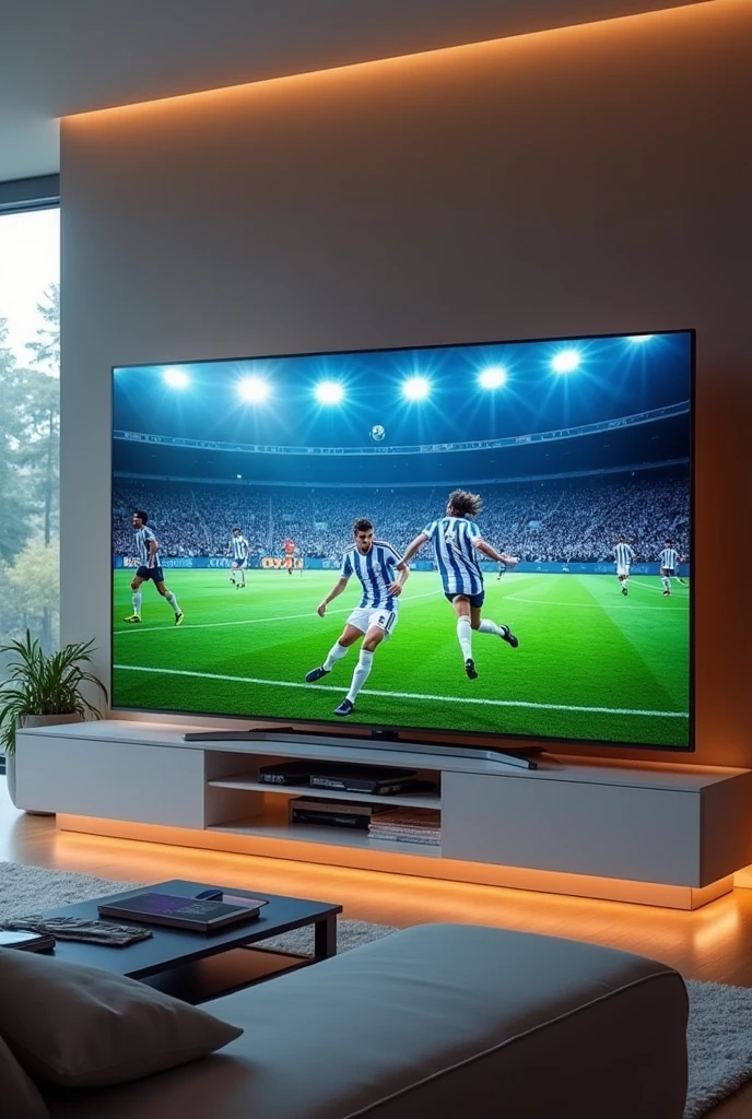A modern television with an Argentine national team match on screen 