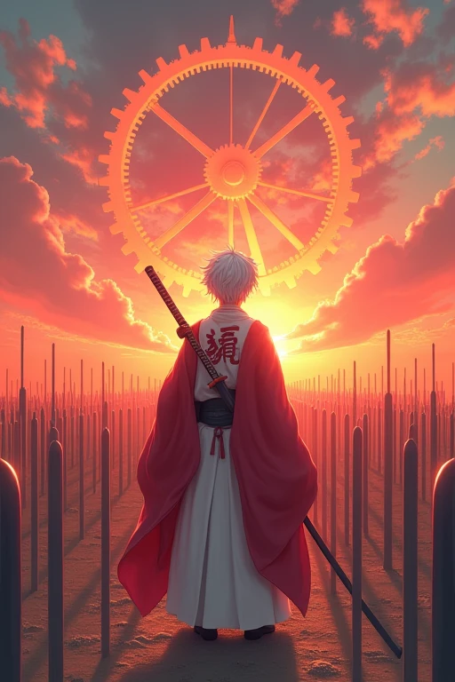 Highest quality,Sunset sky,Four large gears are connected and rotating in the sky,The land is so flat you can see the horizon,An infinite number of swords are thrust into,In that world, there is a young man with white hair.,Wearing a white kimono、A bright red haori is draped over his shoulders.,Kyudo decoration on shoulder,In his right hand he is holding a Japanese sword about 100 cm long.,
The man was looking up at the big gear in the sky。
