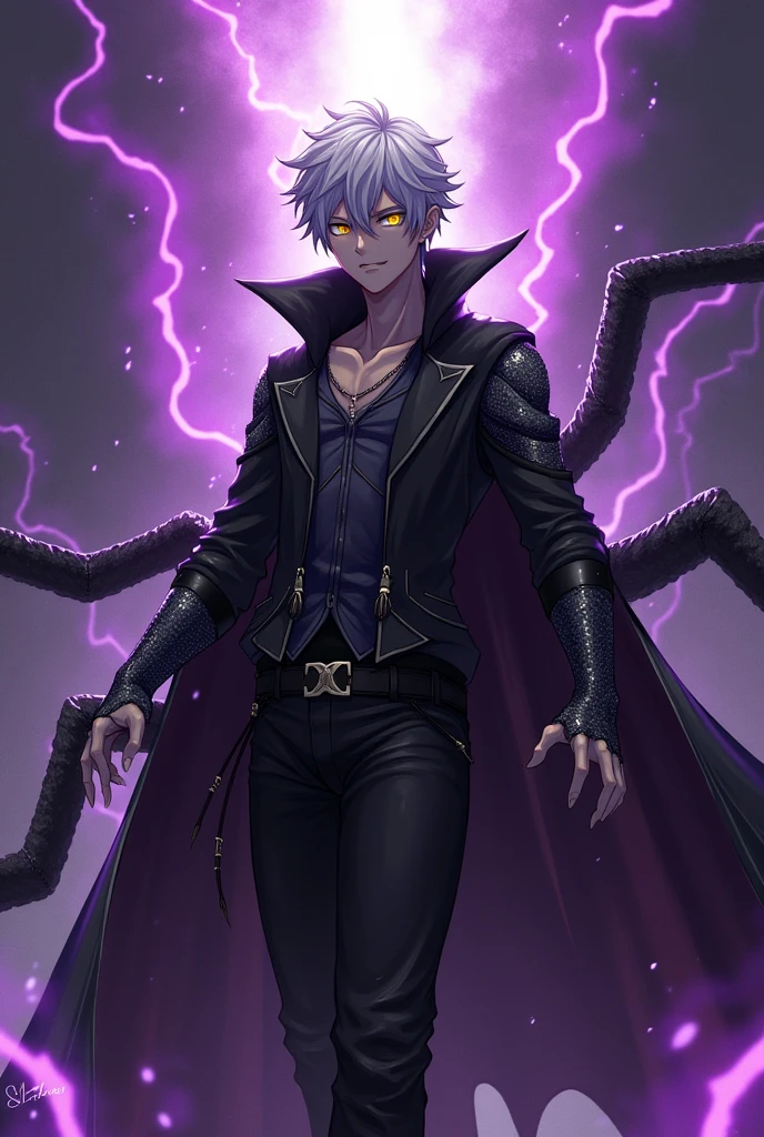 I want you to create a character that has gravity abilities and is a necromancer and has yellow eyes and white hair and a half draconic arm and has a spider cloak, the cloak is black and white, and I want you to make it a male anime version, now make this character using the 2 skills, he sadistic, right arm is dragon and the left is human, make him with a purple aura