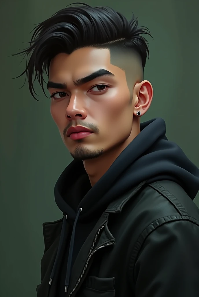 Appearance Details
Ethnic:Indonesian-American
Race:Dhampir (Mixed Human and Vampire)
Height: Tall, 6’0
Age: 19
Hair: Undercut with top combed to one side with a bit of wave and texture, giving it a windswept, tousled appearance.
Eyes: His eyes are slightly almond-shaped with sharp,dark brown and focused expressions
Body: Tall, lean, toned, muscular
Facial features: straight nose, full lips, defined jaw/cheekbones, a vampire fang,well-groomed, with a light mustache and a trimmed goatee, expresive face
Body features: Toned muscles, long legs, small hands, dark body hair, Happy trail from stomach to crotch
Starting Outfit
Accessories: black pal stud earrings on left ear
Top: Loose dark hoodie
Bottom: Black Jeans
Shoes: Clean Dark Sneakers
Vampire