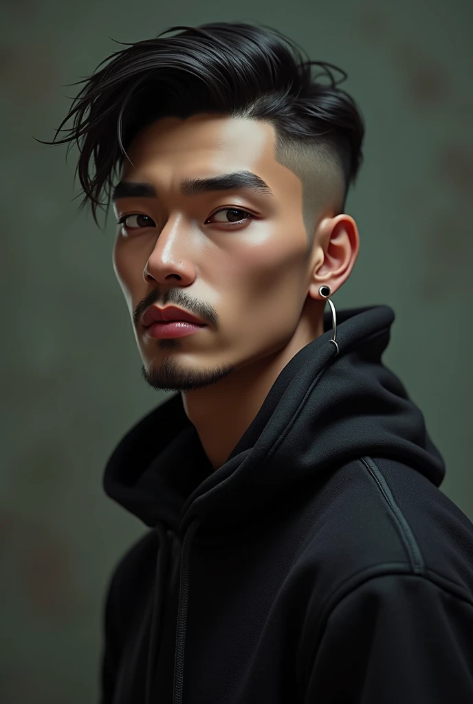 Appearance Details
Ethnic:Indonesian-American
Race:Dhampir (Mixed Human and Vampire)
Height: Tall, 6’0
Age: 19
Hair: Undercut with top combed to one side with a bit of wave and texture, giving it a windswept, tousled appearance.
Eyes: His eyes are slightly almond-shaped with sharp,dark brown and focused expressions
Body: Tall, lean, toned, muscular
Facial features: straight nose, full lips, defined jaw/cheekbones, a vampire fang,well-groomed, with a light mustache and a trimmed goatee, expresive face
Body features: Toned muscles, long legs, small hands, dark body hair, Happy trail from stomach to crotch
Starting Outfit
Accessories: black pal stud earrings on left ear
Top: Loose dark hoodie
Bottom: Black Jeans
Shoes: Clean Dark Sneakers
Vampire