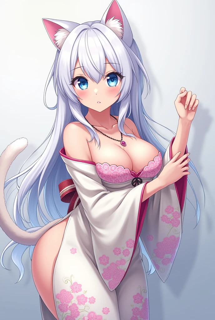 neko men big butt and tits anime blue eyes white hair cute kimono