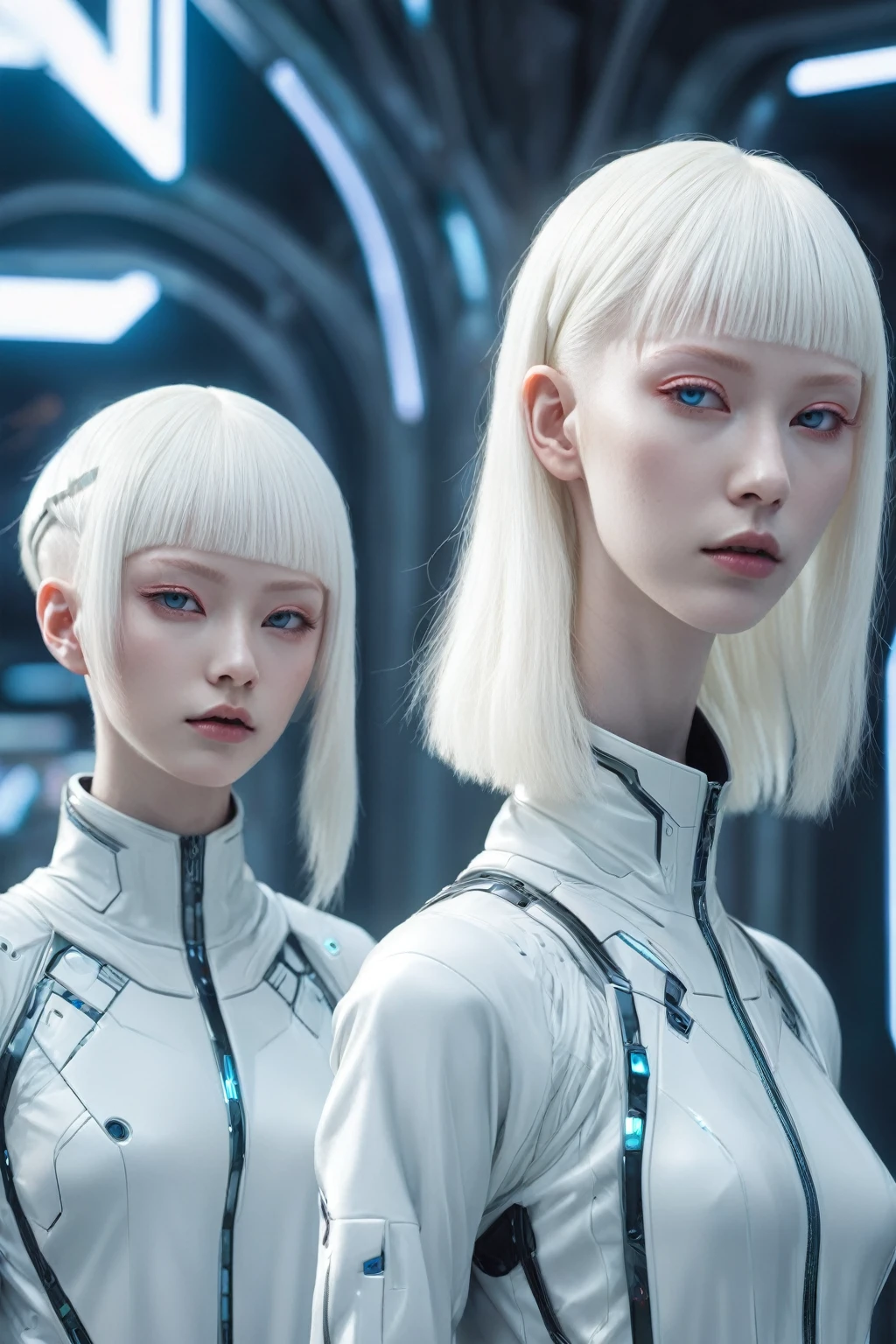 Tall beings, Anunnakis, very similar to humans, albinos, light eyes, dystopian futuristic clothes, modern look, cyberspace, science fiction, 8k, Anime style, based on 90s anime
