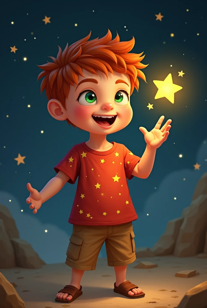 Fait moi un petit garcon qui lance une etoile avec sa main avec un t-shirt rouge avec des etoile dessus, un short maron, les cheveux rouge et les yeux vert 