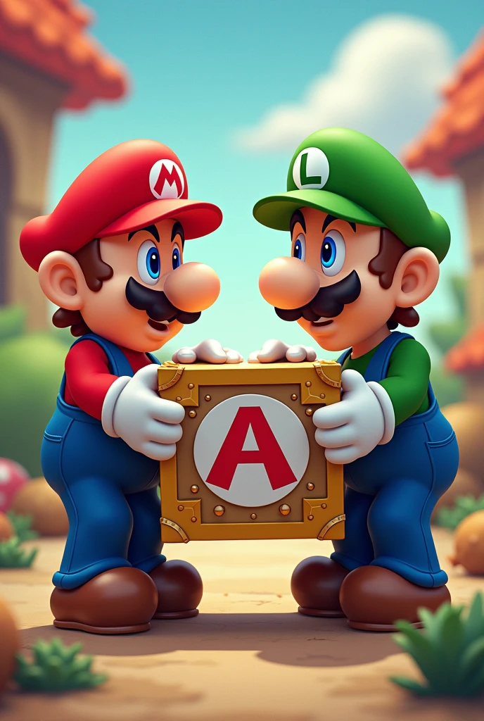 Mario bros lifting a box with an A logo&c