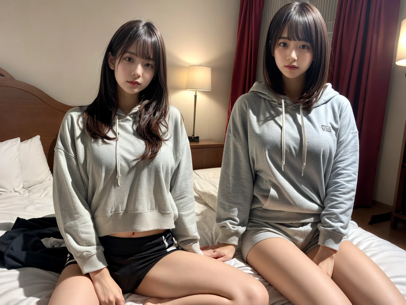 masterpiece, best quality, illustration, Super detailed, fine details, High resolution, 8K,wall paper, perfect dynamic composition,(Details High quality, realistic depiction of eyes:1.3), (2 girls), Oversized Light Grey Hoodie, Erotic Shorts, sitting, open legs, short bob hair, in a hotel room in the background, deep on field, large breasts, black hair color, Big Natural Color Lip, (perfect body shape), crying a little、Harajuku style、20 year old girl、cute type、beautiful legs, Gravure Idol