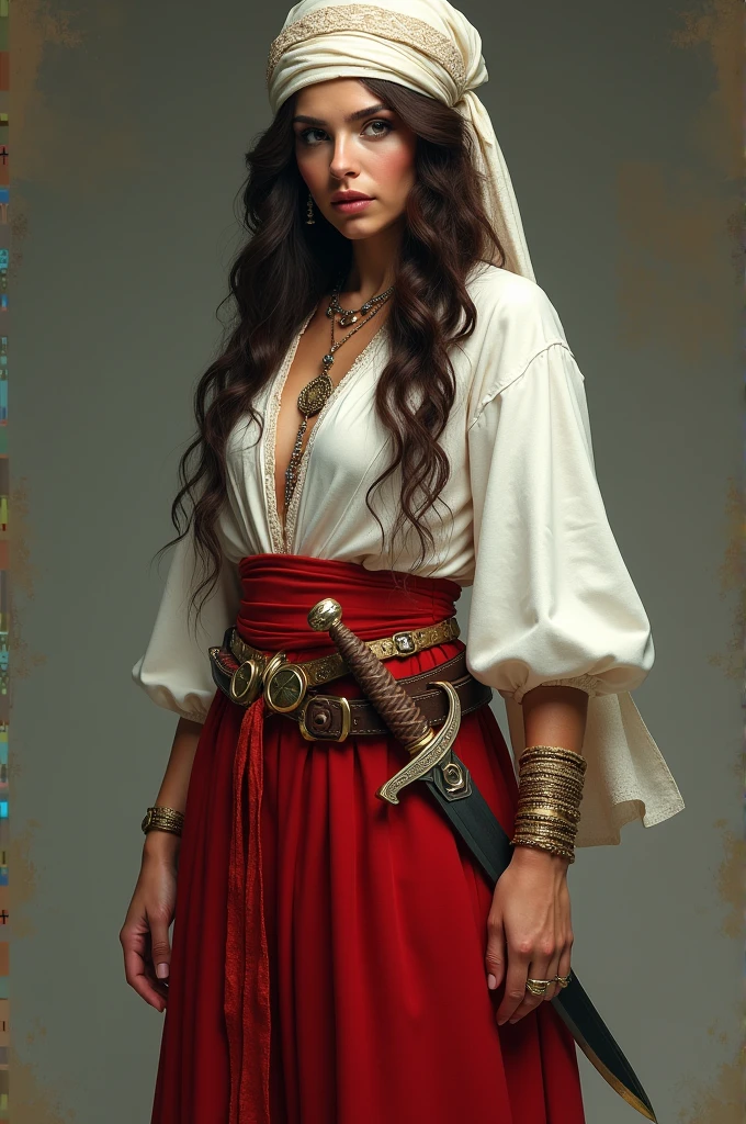 a gypsy woman in a white long sleeved blouse with a long red skirt, show your whole body, She is brunette, and the cloth in the hair is a white cloth, she has a dagger at her waist and a ring on her fingers and a golden bracelet