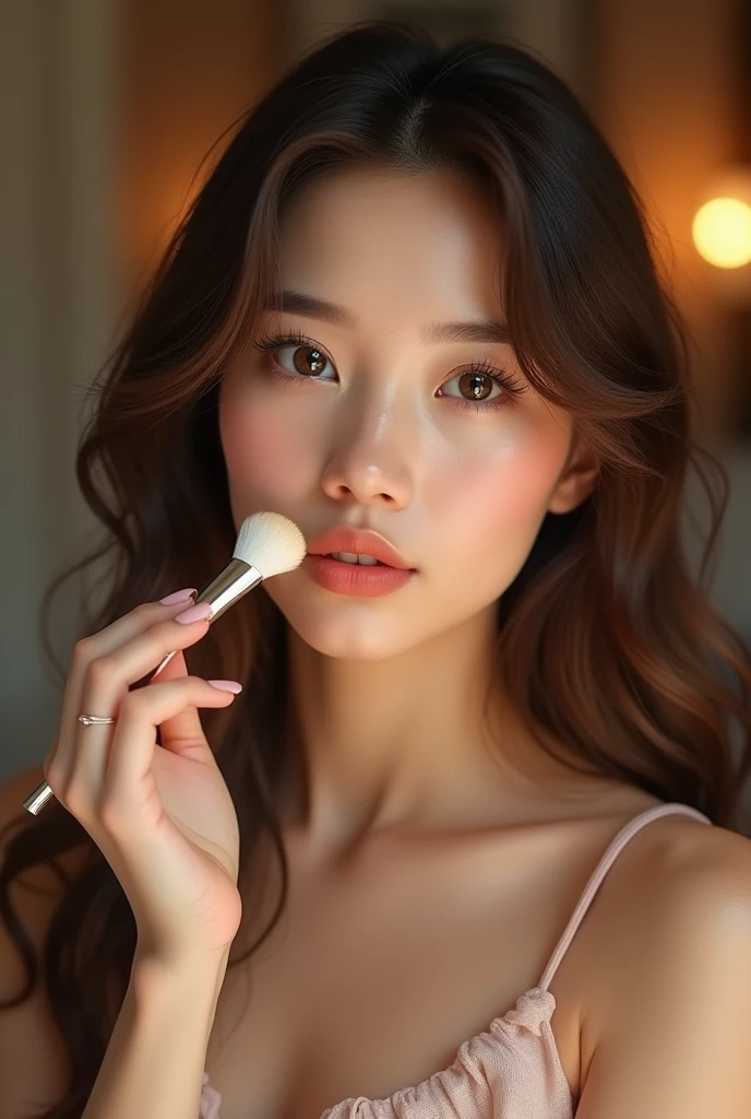 young and pretty woman, clear skin, light brown eyes, brown wavy hair and long, thick eyelashes, applying makeup powder with a brush in her room