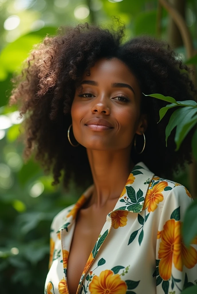A Brazilian woman in a lush tropical garden, wearing an open shirt with a floral print, with a close-up capturing the harmonious beauty between her breasts and the natural flowers, showing off your natural charm and outgoing personality.
