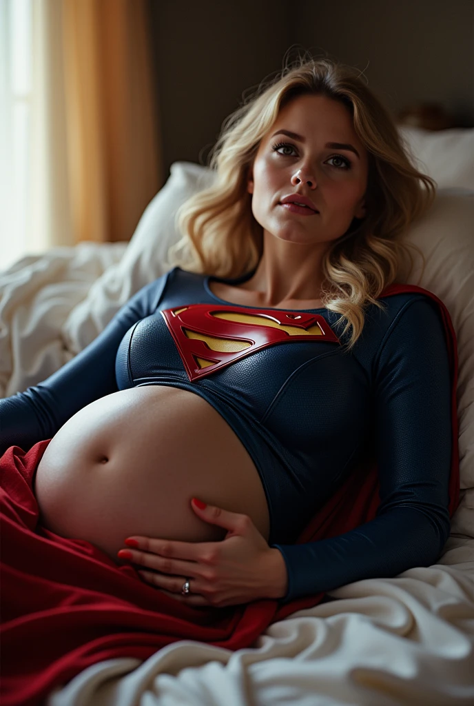 A PREGNANT SEXY SUPERGIRL, WEARING HER BLUE LEATHER SUPERGIRL OUTFIT AND RED LEATHER CAPE, LAYING ON HER BED LOOKING AT THE VIEWER, HOLDING HER BELLY. LARGE HYPNOTIC CIRCLES HER WIDE OPEN EYES. INCREDIBLE DETAILS, HYPER DETAILED IN 8K RESOLUTION, MILLIONS OF COLORS. HER PREGNANT BOOBS STRETCHING HER SUPERGIRL OUTFIT.