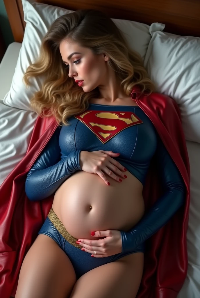 A PREGNANT SEXY SUPERGIRL, WEARING HER BLUE LEATHER SUPERGIRL OUTFIT AND RED LEATHER CAPE, LAYING ON HER BED LOOKING AT THE VIEWER, HOLDING HER BELLY. LARGE HYPNOTIC CIRCLES HER WIDE OPEN EYES. INCREDIBLE DETAILS, HYPER DETAILED IN 8K RESOLUTION, MILLIONS OF COLORS. HER PREGNANT BOOBS STRETCHING HER SUPERGIRL OUTFIT.