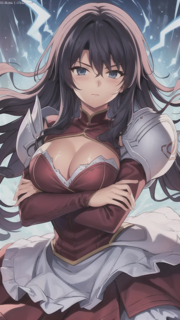 masterpiece,best quality,kim_kwang_hyun, 1girl, solo, long hair, breasts, looking at viewer, blue eyes, brown curly hair, large breasts, long sleeves, dress, cleavage, closed mouth, weapon, puffy sleeves, arm up, clothing cutout, copyright name, red dress, cleavage cutout, juliet sleeves , power armor, shoulder armor, Long curly hair,yellow eyes, Cross your arms in front of your chest, crossed arms,