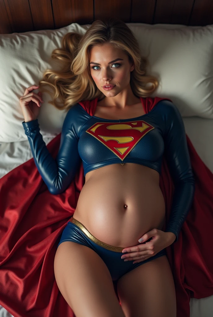 A PREGNANT SEXY SUPERGIRL, WEARING HER BLUE LEATHER SUPERGIRL OUTFIT AND RED LEATHER CAPE, LAYING ON HER BED LOOKING AT THE VIEWER, HOLDING HER BELLY. LARGE HYPNOTIC CIRCLES HER WIDE OPEN EYES. INCREDIBLE DETAILS, HYPER DETAILED IN 8K RESOLUTION, MILLIONS OF COLORS. HER PREGNANT BOOBS STRETCHING HER SUPERGIRL OUTFIT.