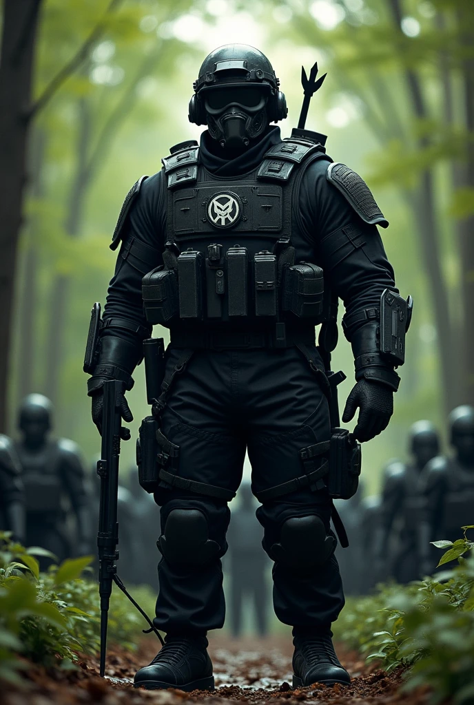 Soldier with black military equipment 2&#39;45 meters tall with black In the middle of a forest next to other soldiers shows the differences in size, It also adds the logo of a circle with two arrows In the middle on the uniform it shows the logo 