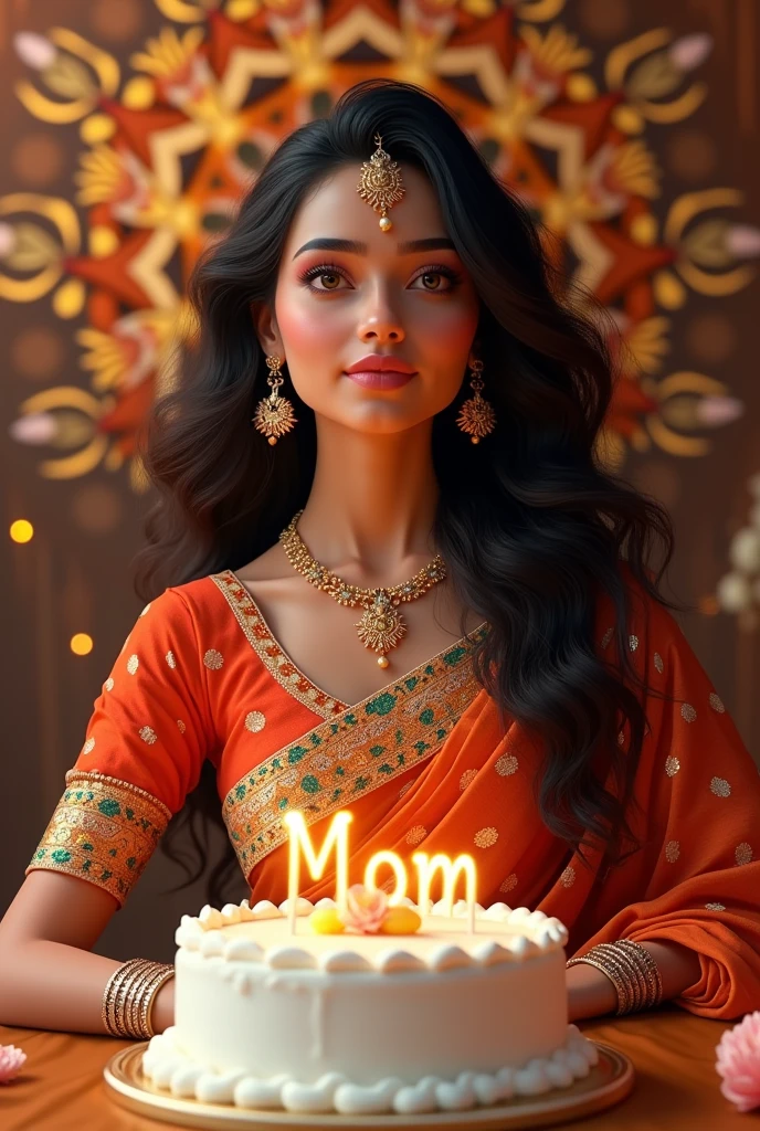 Mother in indian aesthetic outfit skin colour vitiligo kurti in mehendi colour with a lots of detailed mandala work with bangles earings and one jewellery on neck hair open with cutting bday cake and cake in vannila flavour in full white colour and upon the cake it is written mom