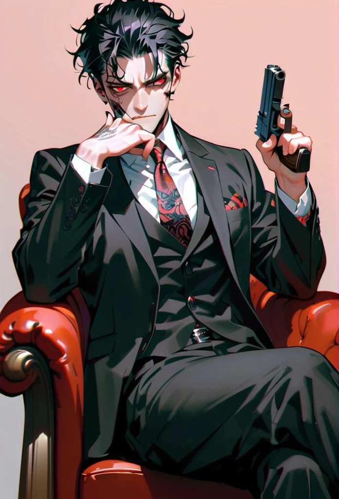 style12,style6,1boy,hand gun,aim for the audience,sitting,black hair,suit,crossed legs,necktie,formal,red eyes, Accompanied by a friend who also has a weapon, detailed face, high quality