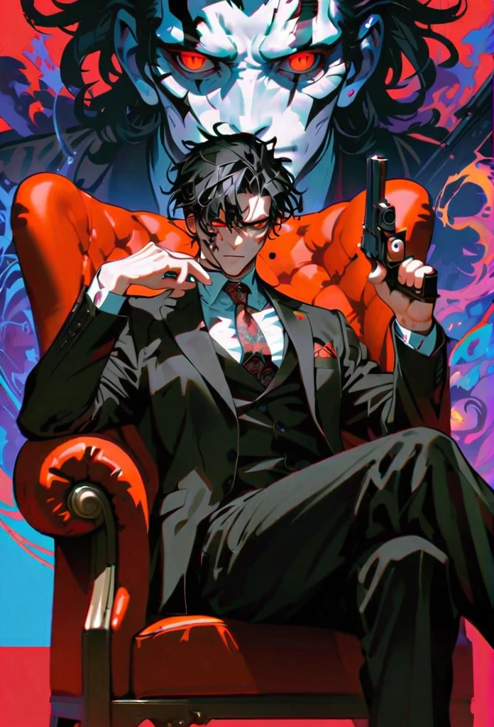 style12,style6,1boy,hand gun,aim for the audience,sitting,black hair,suit,crossed legs,necktie,formal,red eyes, Accompanied by a friend who also has a weapon, detailed face, high quality