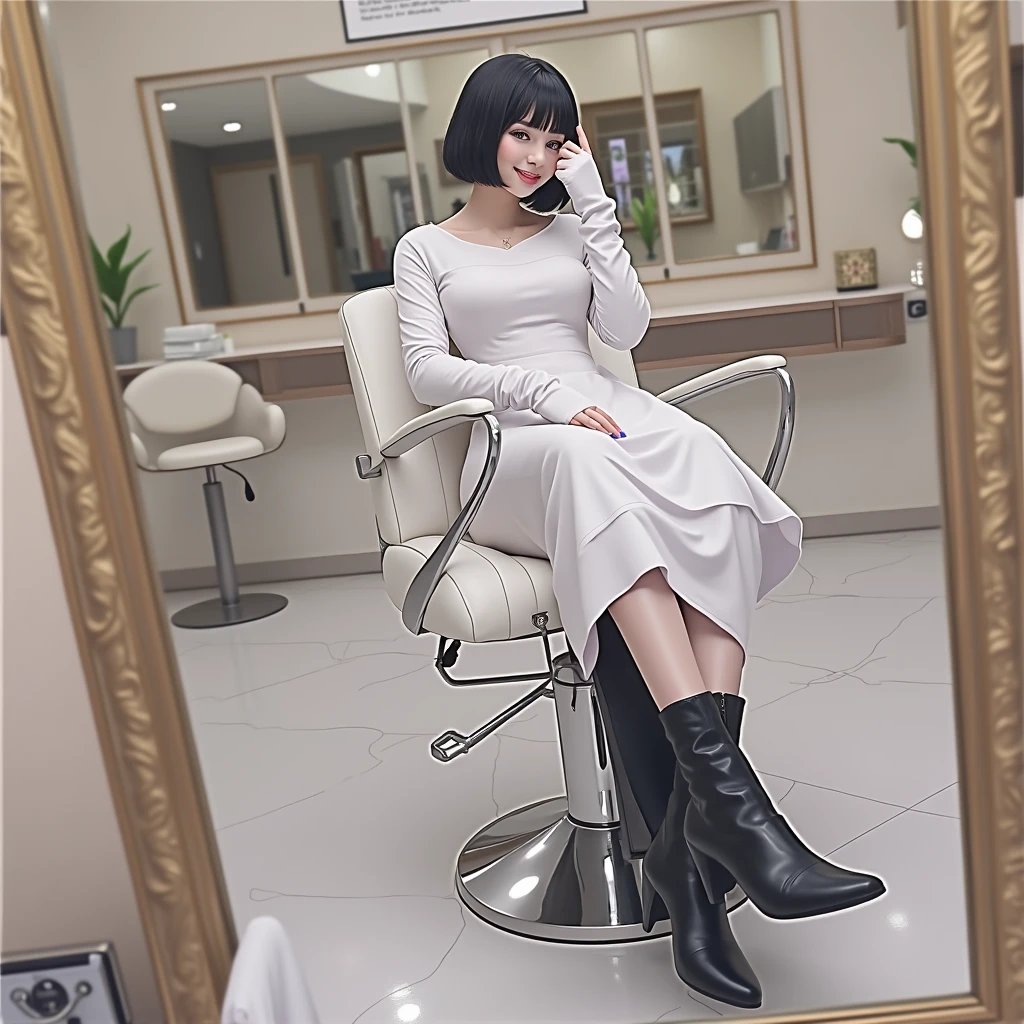RAW photo, best quality, masterpiece, photorealistic, Polish girl, 20 years old, black hair, Light grey eyes, short bob cut, hair in 7 thirds, hair over one ear, Symmetrical eyes, Detailed Skin, Detailed face, Detailed hands, Big Breasts, rip gloss, She is getting a haircut in a stylish beauty salon, taking a selfie in the mirror, full body, iPhone 15, staring at smartphone, smiling