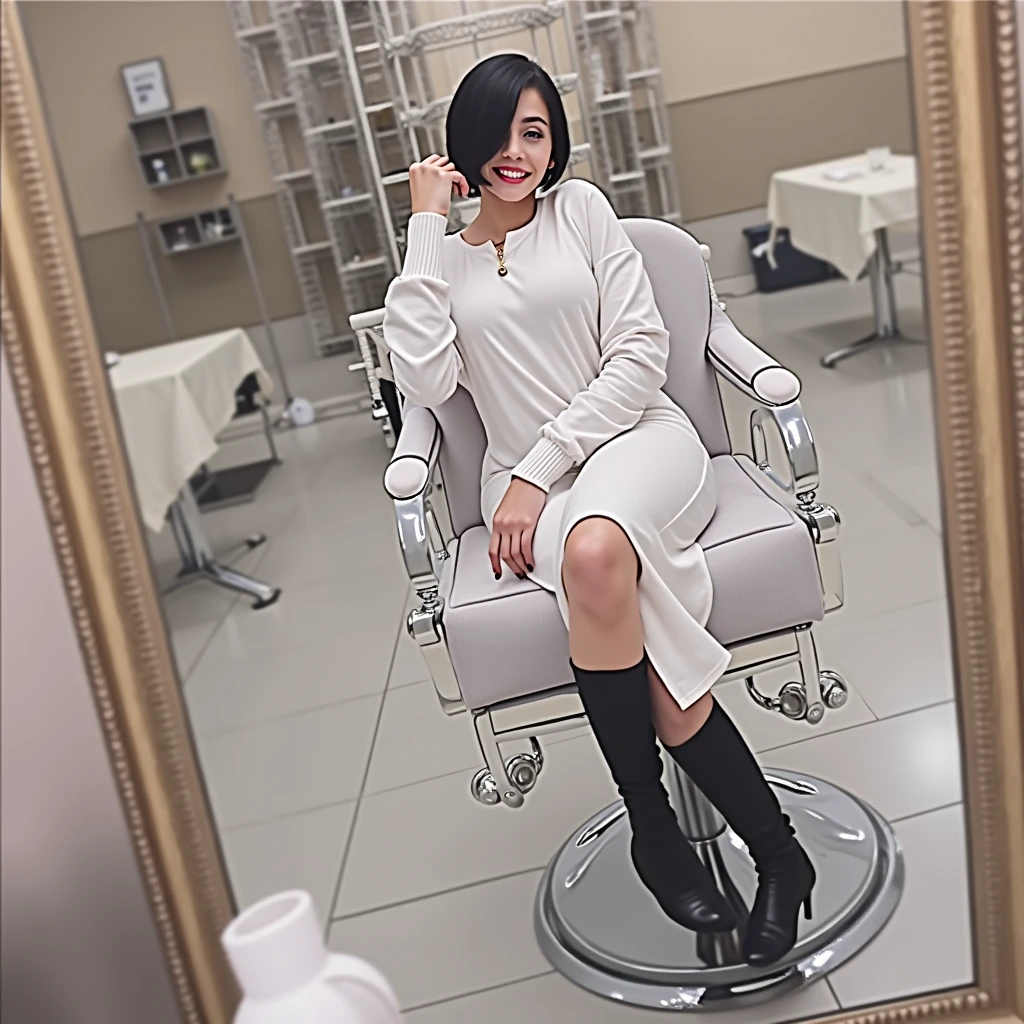 RAW photo, best quality, masterpiece, photorealistic, Polish girl, 20 years old, black hair, Light grey eyes, short bob cut, hair in 7 thirds, hair over one ear, Symmetrical eyes, Detailed Skin, Detailed face, Detailed hands, Big Breasts, rip gloss, She is getting a haircut in a stylish beauty salon, taking a selfie in the mirror, full body, iPhone 15, staring at smartphone, smiling