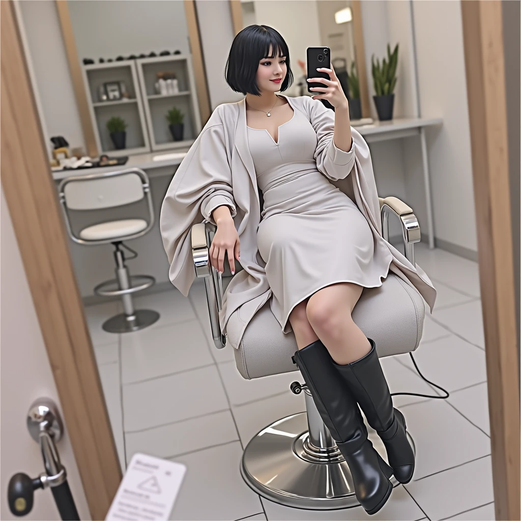 RAW photo, best quality, masterpiece, photorealistic, Polish girl, 20 years old, black hair, Light grey eyes, short bob cut, hair in 7 thirds, hair over one ear, Symmetrical eyes, Detailed Skin, Detailed face, Detailed hands, Big Breasts, rip gloss, She is getting a haircut in a stylish beauty salon, taking a selfie in the mirror, full body, iPhone 15, staring at smartphone, smiling