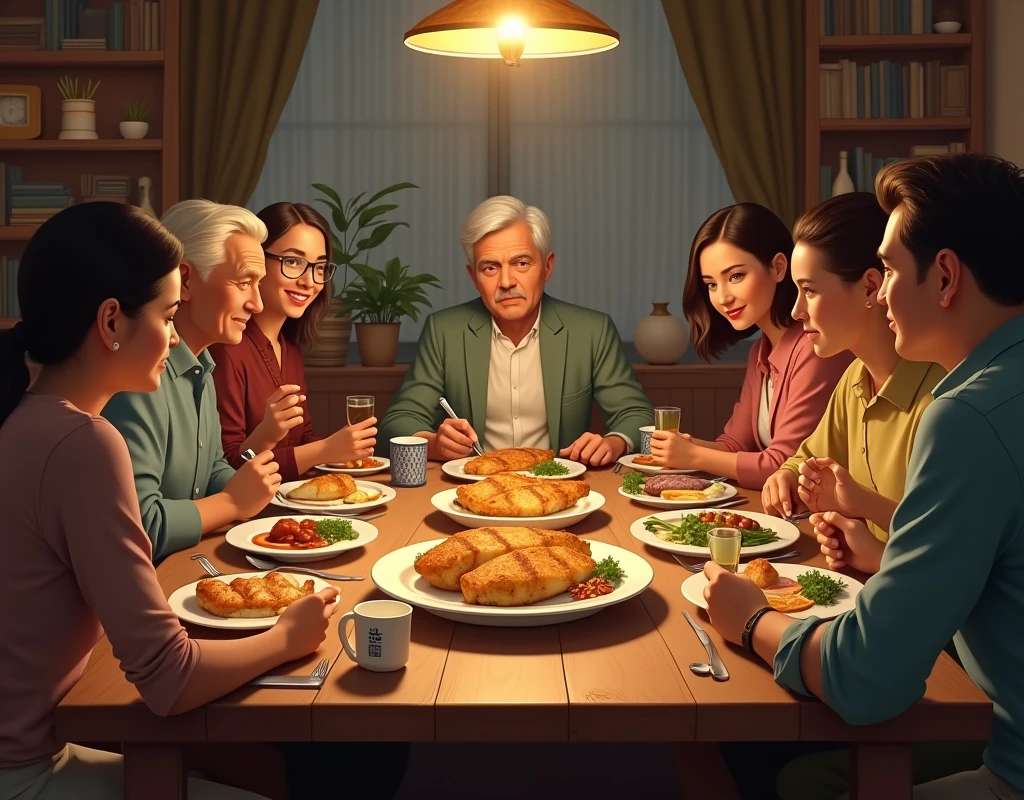 people gathered around a large table enjoying a dish of baked cod