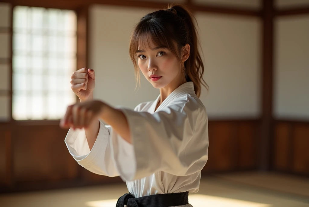  Karate pose, forefist punch , Side view , Full- body,  beautiful  Japanese, 18-year-old, (Light brown hair, short pony tail , Brown fringe eyes, Beautiful Lips), (middle Breasts, , middle Hips) ,((Karate clothes, Karate underwear,  Black obi)), (White underwear), At the Karate Dojo, Standing on tatami mat, Textured skin ,((Surrealism, Fujicolor, Fujifilm, UHD, retina, masterpiece, accurate, anatomically correct, textured skin, super detail, high details, high quality, best quality, 8k))