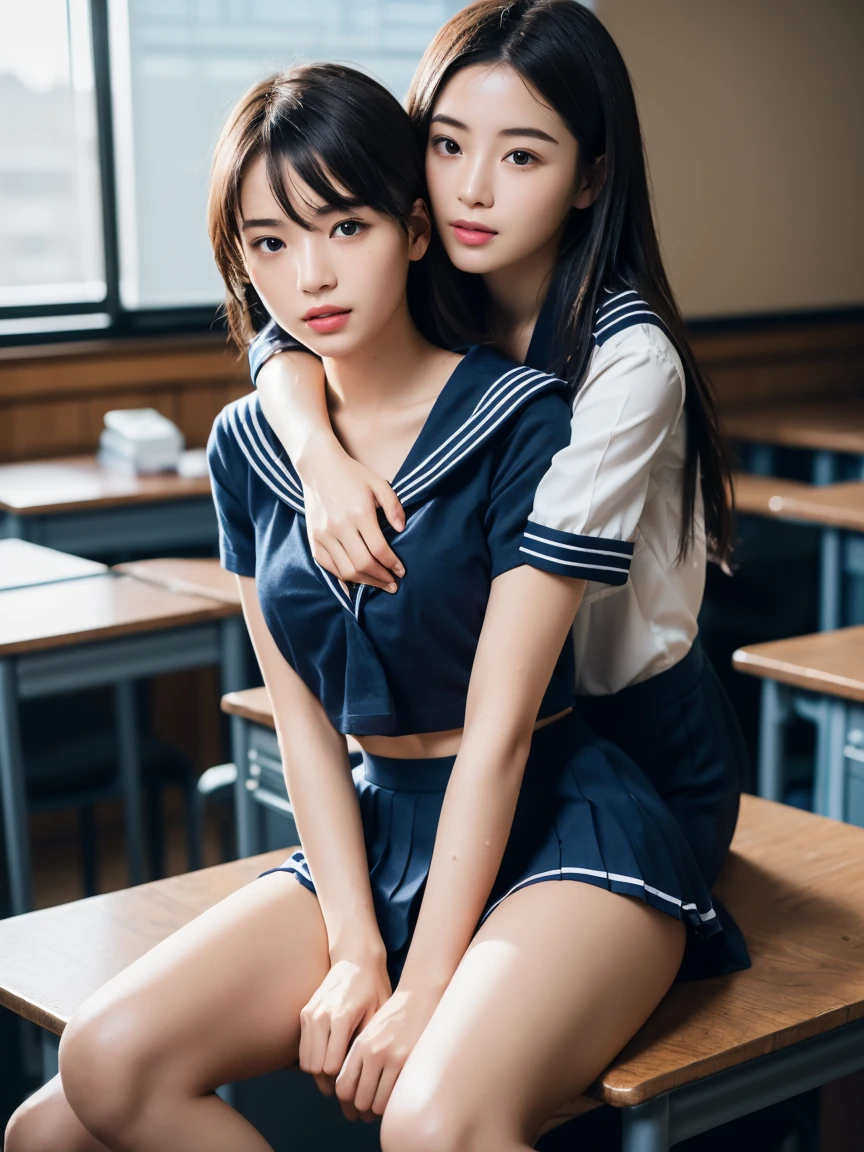 masterpiece:1.2, Very detailed, Ultra-high resolution, Realistic, photo Realistic:1.6,High-resolution RAW color photos, Professional photos, Sharp focus:1.2, Very detailed顔と肌の質感, Very beautiful eyes, Glossのある肌, Glowing Skin, Glowing Skin, Shining Face, Gloss, Oily skin, greasy face, Oily skin, greasy face, real Glossのある肌 texture, Perfect Anatomy, Very detailed背景,(High school classroom at night),1 female,25-year-old woman, Japanese women,short hair, Straight hair, bangs, Brown Hair,((Flat Chest:1.6)),Slender legs, ((A sheer white short-sleeved sailor suit、Navy blue pleated skirt:1.5、Sexy T-panties under skirt)),((Sit at a desk hugging your knees:1.4))、((A wet and very transparent sailor uniform:1.4))、((A sailor uniform with a very transparent bra:1.4))