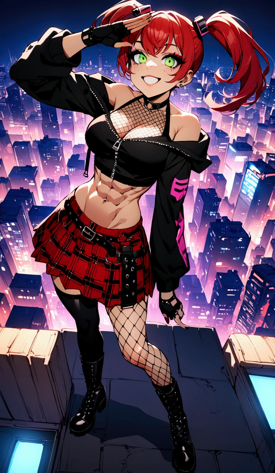 woman, grin, curly red hair in pig tails, green eyes, black eyeshadow, wearing crop top black shirt, black oversized zip up hoodie, red plaid skirt, black knee high boots, black fingerless gloves, exposed shoulders, large breasts, freckles, abs, cleavage, looking up at viewer, masterpiece, best quality, Holo-Punk Style, saluting, in the city, make up, eyelashes, fish net undershirt, fish net stockings, (full body)