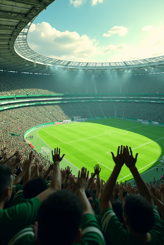 (photorealism:1.2), full tribune of football fans on green-white colors are closing the mouth with both hands, camera above the stadium, from long distance 