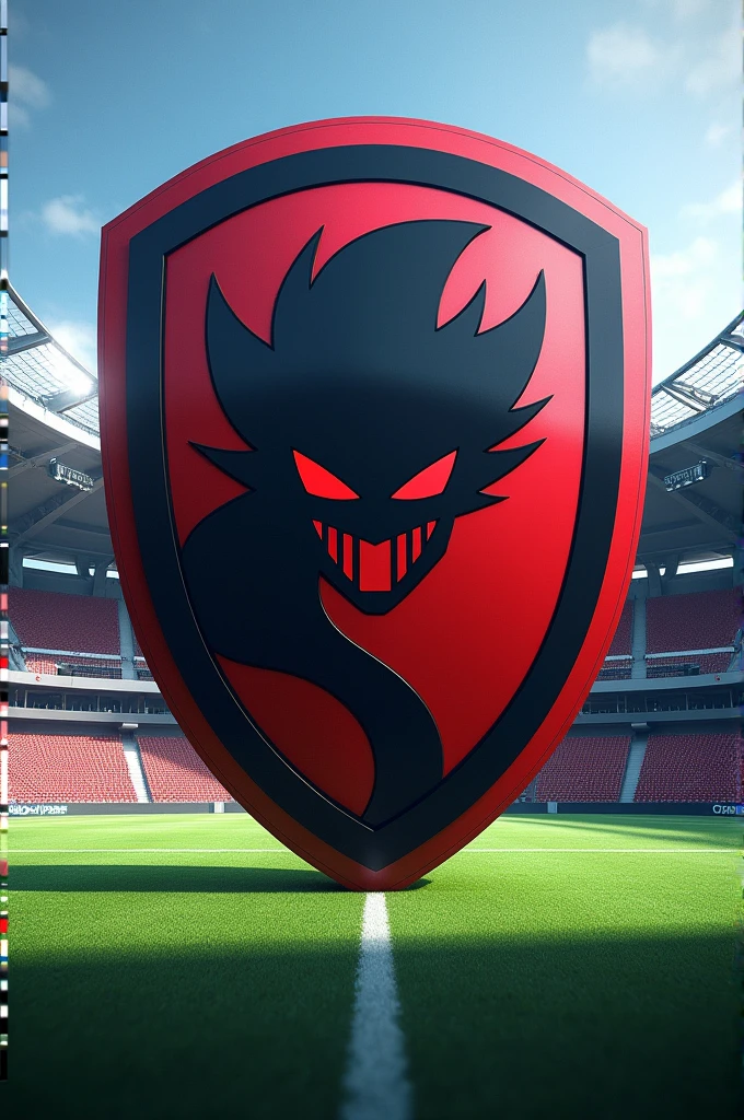 "Design a football stadium in a modern style. The stadium should feature a large, round football shield with black and red colors prominently displayed on the central part of the field. The shield should have an image of Evil Goku at the center, with 'White DKS' above the shield and 'Rei dos Passes' below it. Ensure the stadium and shield design are in high-definition 4K."