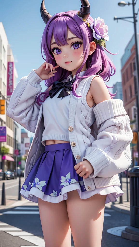 masterpiece, best quality, highres, hmsl1, horned headwear, hair flower, x hair ornament, white sweater, purple jacket, flower, long sleeves, open clothes, black bow, sleeves past wrists, mini skirt, cowboy shot, outdoors, street, standing