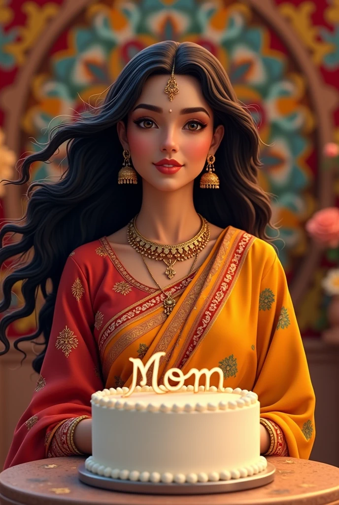 Mother in indian aesthetic outfit skin colour vitiligo kurti in mehendi colour with a lots of detailed mandala work with bangles earings and one jewellery on neck hair open with cutting bday cake and cake in vannila flavour in full white colour and upon the cake it is written mom