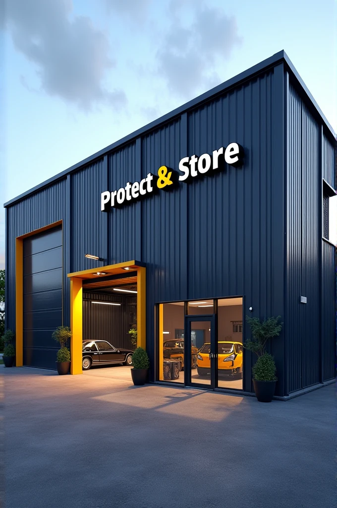 qcreate a realistic building image for my company name "Protect & Store" protection and storage within the mechanical industry make the image horizontal I want this image to have signs of a mechanical industry color of the building: navy blue with fire yellow detail