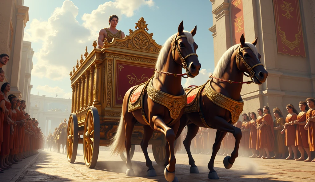 A young skinny prince white skin beautiful face handsome shirtless in a small Roman carriage with 4 horses in the desert  miestras otro romano lo persigue 