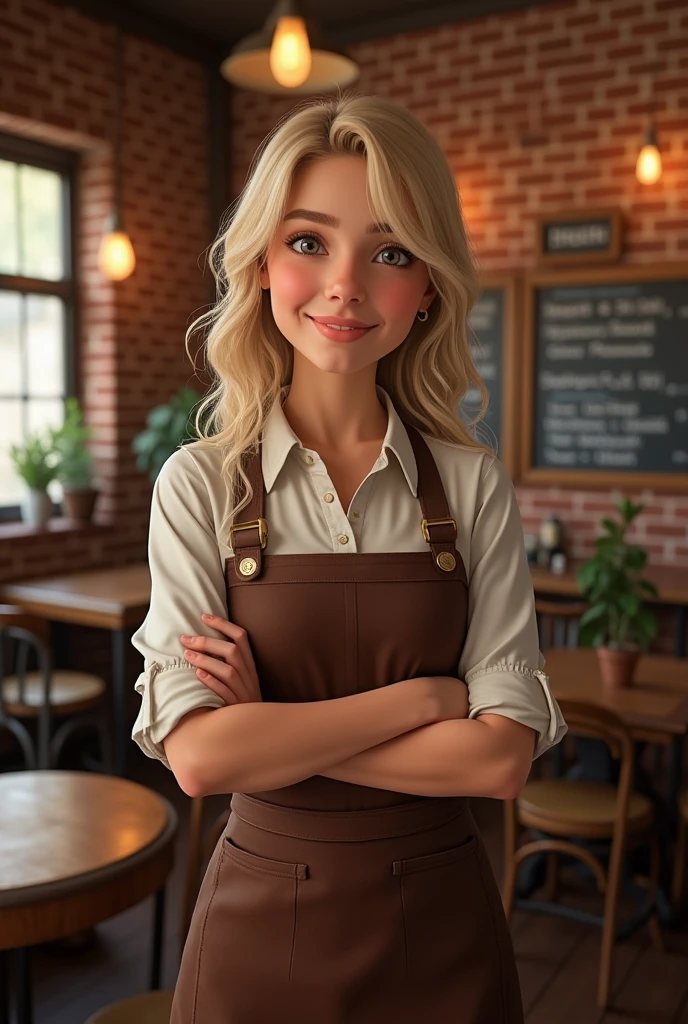 Emma, a blonde woman with a friendly demeanor. She is dressed in a brown waitress uniform., standing in a cozy New York cafe. The backdrop will include elements typical of a classic New York cafe., like brick walls and wooden furniture, with a warm and inviting atmosphere. (appeared of actress Jennifer Morrison) 