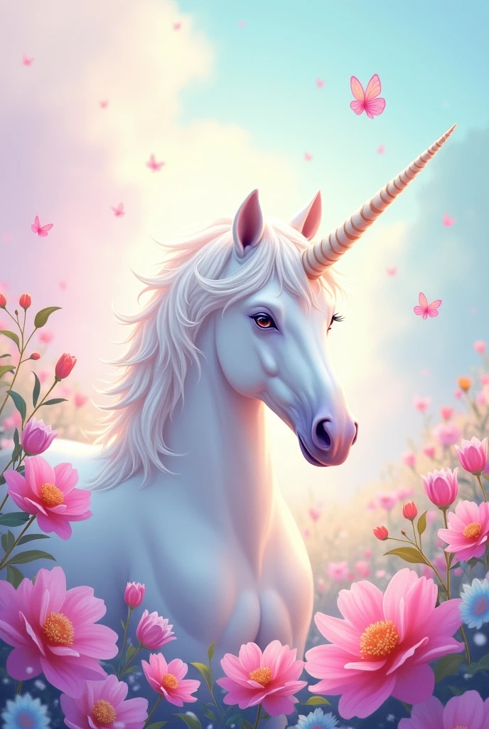 Create an illustrated image for pastel colored background, flores, rainbow and unicorn