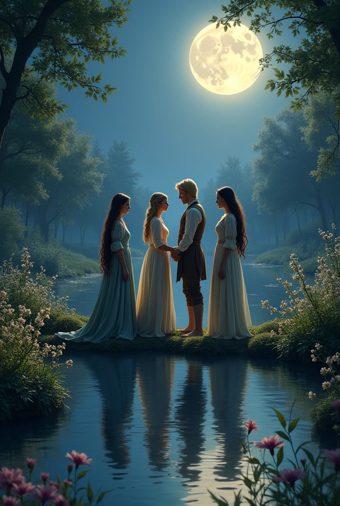 A GARDEN , a lake, AT NIGHT TWO WOMEN WITH BROWN AND BLACK HAIR, TWO MEN WITH BLONDE AND BLACK HAIR, medieval era