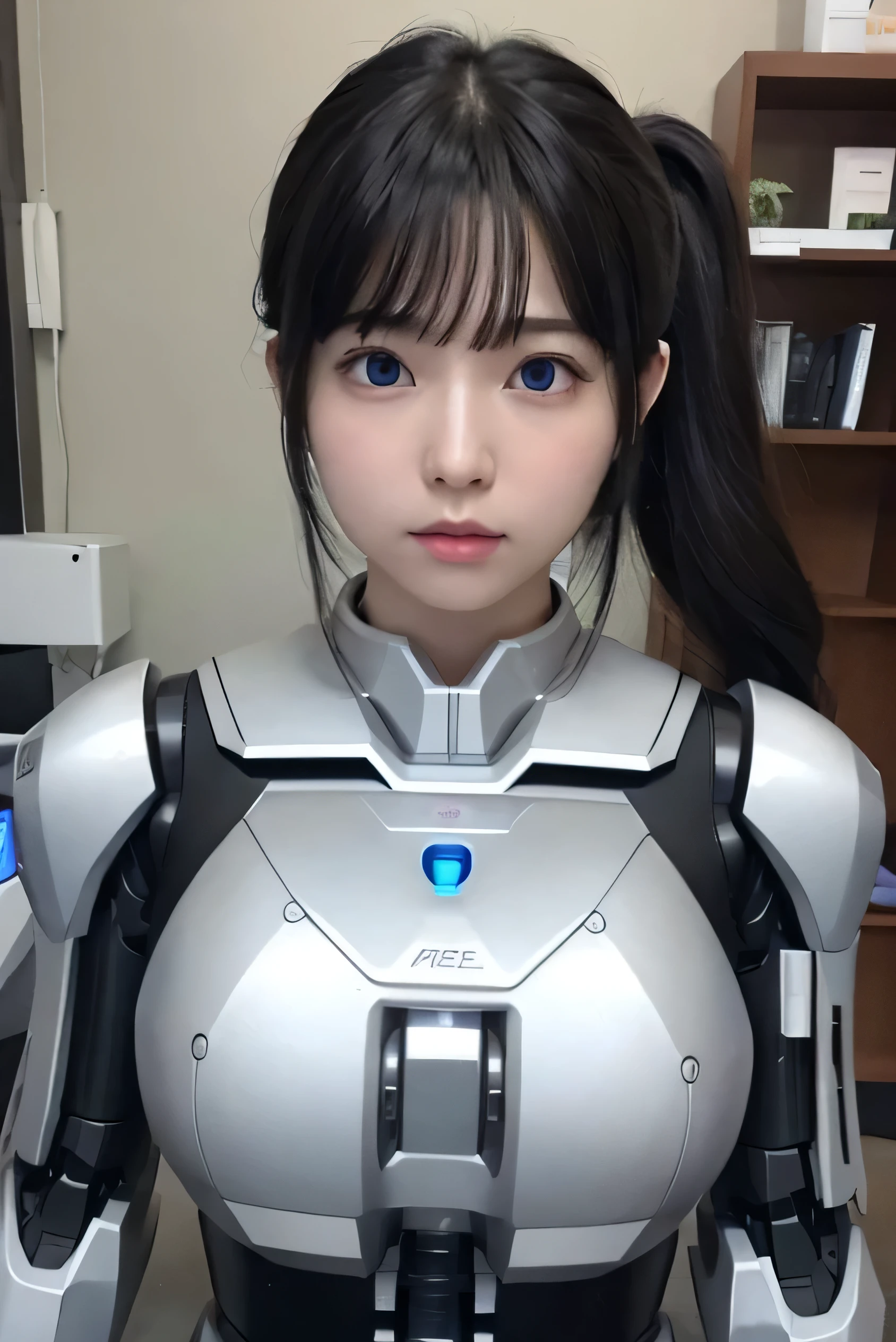 masterpiece, best quality, extremely detailed, Japaese android girl,portrait,Plump,a bit chubby,control panels,android,Droid,Mechanical Hand, Robot arms and legs, Black hair,Blunt bangs,perfect robot girl,long tube,thick cable connected her neck,android,robot,humanoid,cyborg,japanese cyborg girl ,robot-assembly plant,She is assembling now,assembly scene,blue eyes,chest monitor,hypnosis,blank eyes