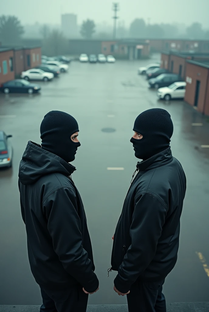 High perspective, 2 men wearing balaclavas looking out into an empty parking lot 