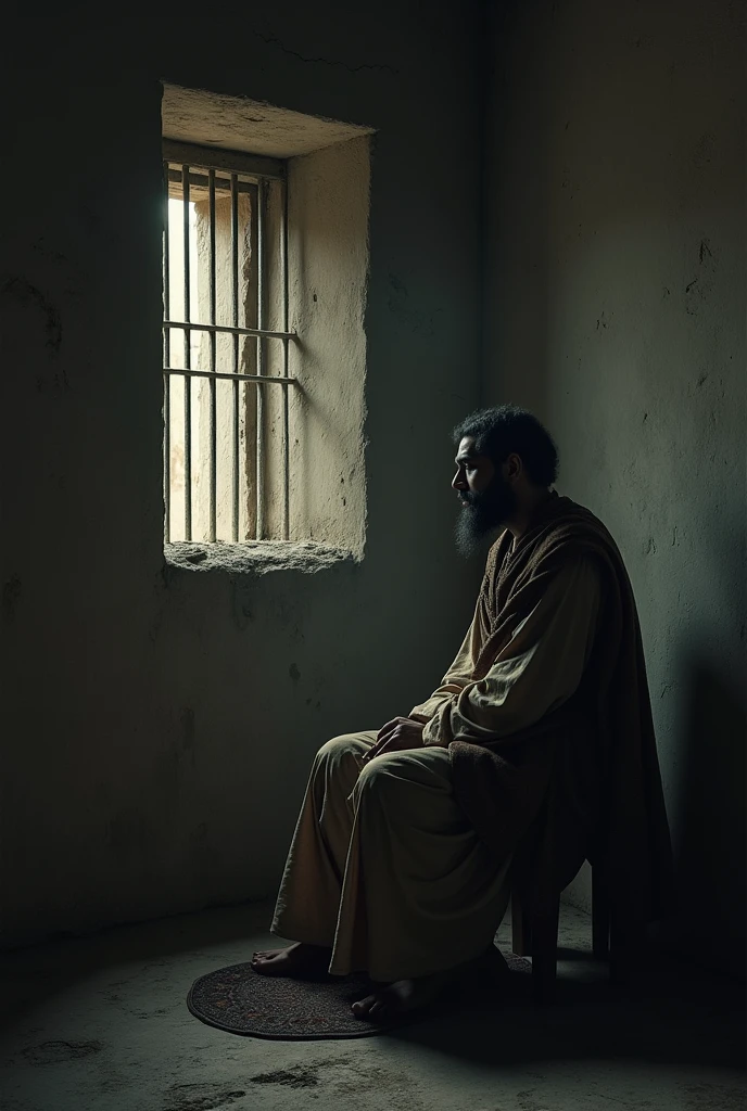 Shah Jahan in Imprisonment: A somber scene of Shah Jahan in a dimly lit prison cell, looking out through bars, with an expression of contemplation and sadness. The setting should reflect the stark contrast to his previous opulent lifestyle in dall e-3 style 