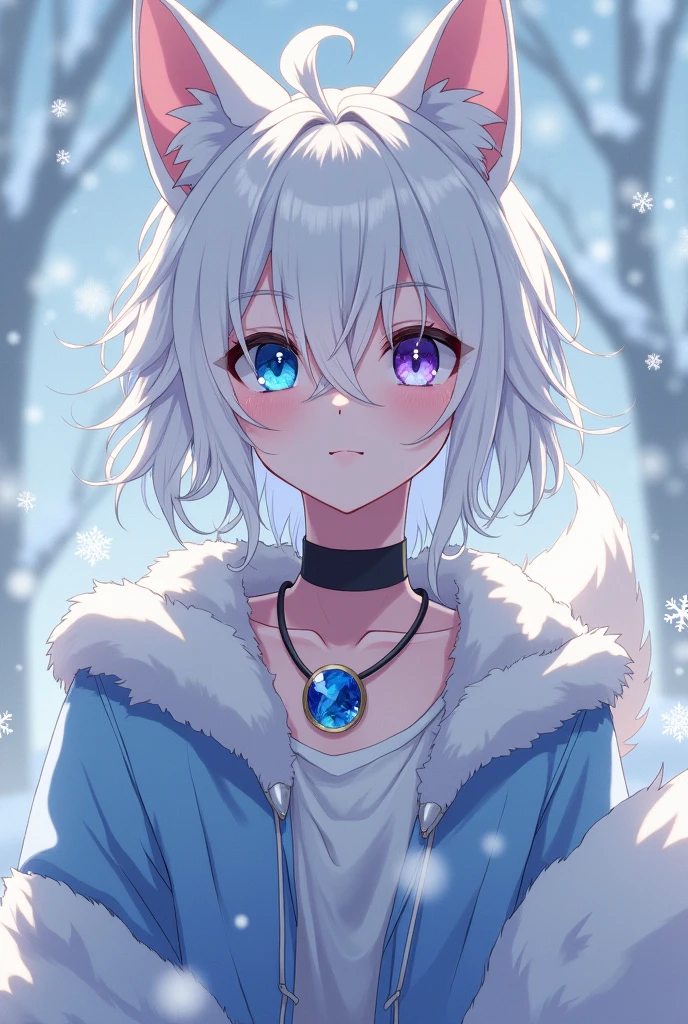 Boy between 16 and 1 with long hair, ears, White fox tail and fur with blue heterochromia in the right eye and violet in the left eye, a little masculine, with a black choker with a 5cm round translucent blue crystal pendant attached to the choker, con copos ❄ al estilo anime