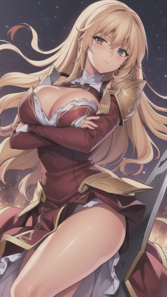 masterpiece,best quality,kim_kwang_hyun, 1girl, solo, long hair, huge breasts, looking at viewer, blue eyes, brown curly hair, large breasts, long sleeves, dress, cleavage, closed mouth, weapon, puffy sleeves, arm up, clothing cutout, copyright name, red dress, cleavage cutout, juliet sleeves , power armor, shoulder armor, Long curly hair,yellow eyes, Cross your arms in front of your chest, crossed arms,
 