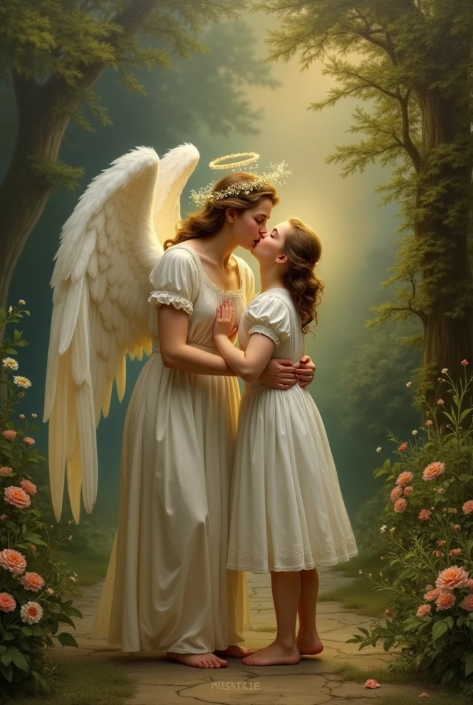 An angel kisses an ordinary girl in a white dress, picture, style of the 18th century
