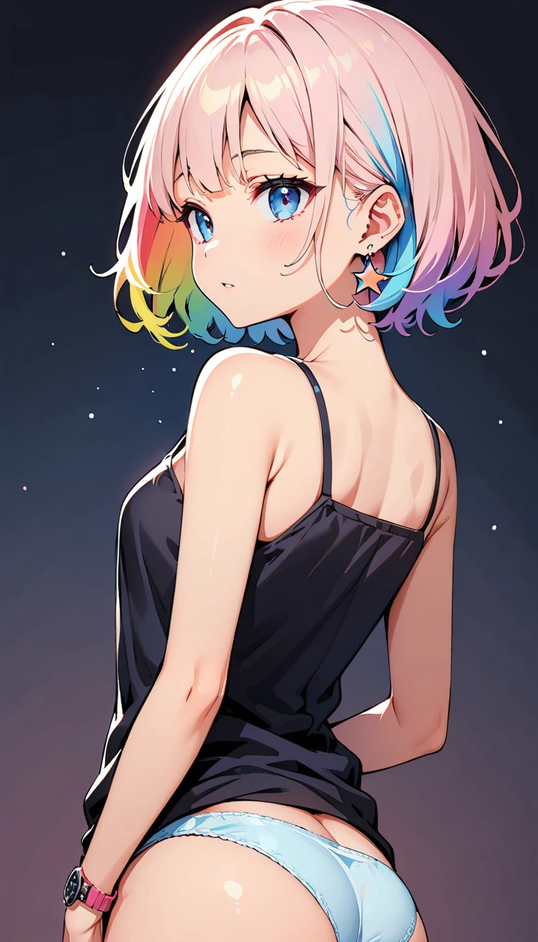 (high quality, 8k, 4K, High Contrast, masterpiece:1.2, 最high quality, Best aesthetics), (Dynamic Angle), ((1 female )), (Full Shot), ((Plain and bright background)), ((Flat Color)),(Black camisole top), (Red lace pattern makes her panties completely visible), Turning his back, Posture with buttocks sticking out, Looking at the audience, Upper Body, Transparent Background, Sleepy eyes, High Contrast, Contrasting colors, , Pale pink and blue lighting, ((Short Hair)) , Rainbow Hair, Small star-shaped earrings in both ears, watch, bright eyeshadow, Cool look, Angle of view that allows space above the head to see the background, (The thighs are half-covered.)