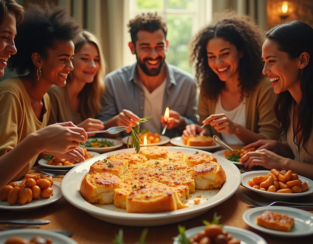 Family or Friends Sharing a Healthy Meal: A warm scene of people sharing a hearty meal, but with a slight shadow or transparent image of a liver in the background